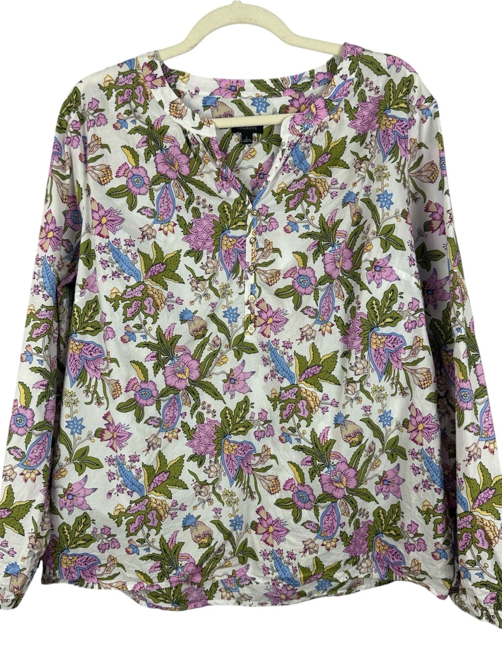 Talbots Floral Botanical Block Print Cotton Henley Blouse Size L Gold Buttons